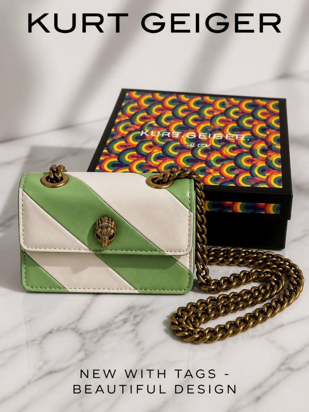 Kurt Geiger Green and Cream Diagonal Stripe Leather Crossbody